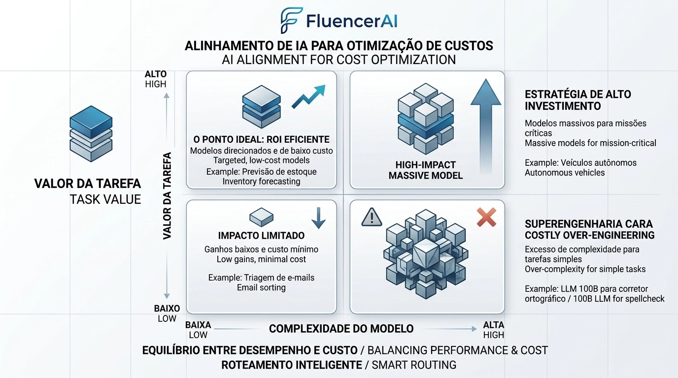 Gráfico comparativo de complexidade de modelo versus valor da tarefa para otimização de custos de IA com identidade da FluencerAI