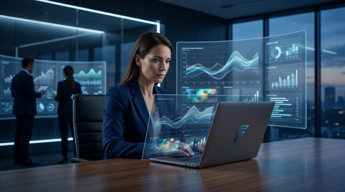 Análise visual de ROI e orçamento de tecnologia em ambiente corporativo moderno