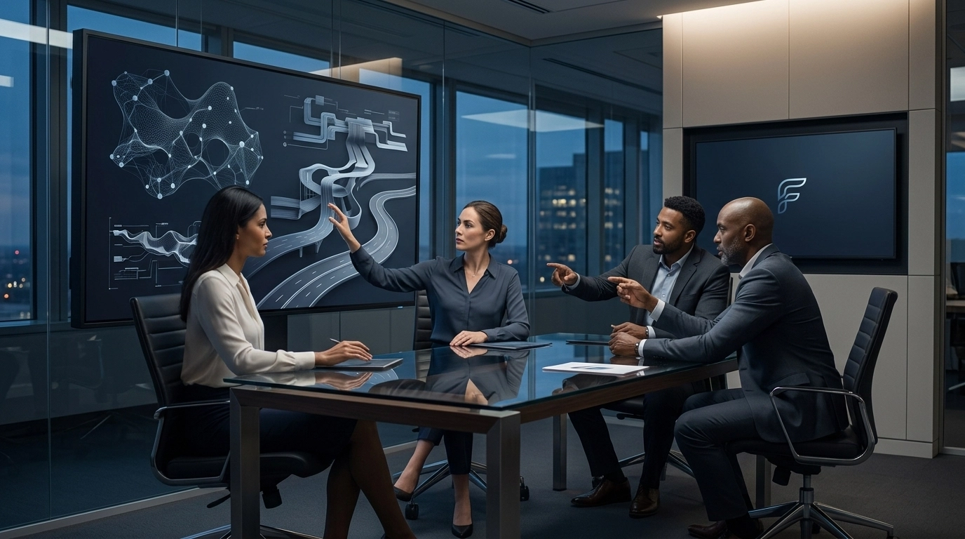 Reunião estratégica entre lideranças de tecnologia, produto e negócios com visual premium