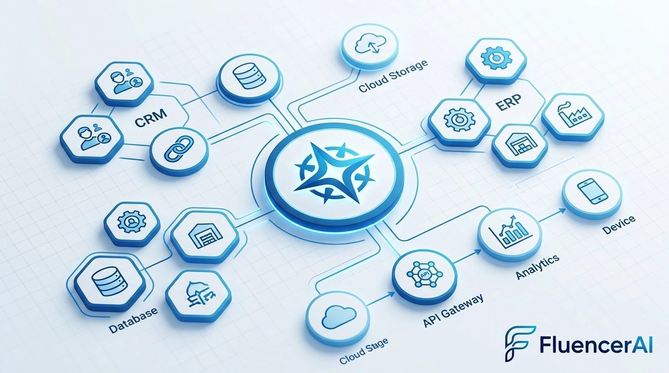 Visualização de arquitetura conectando Agentes de IA a CRM e ERP internos.