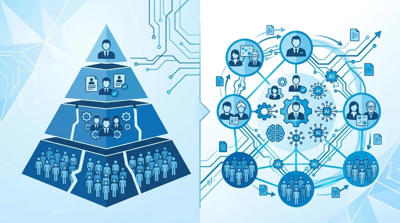 Grupos e camadas organizacionais sendo reconectados por pontes digitais impulsionadas por IA