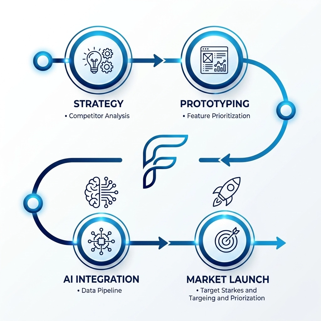 Fluxo de processo mostrando as etapas de estratégia, prototipagem, integração de IA e lançamento, lideradas por um CTO fracionado.
